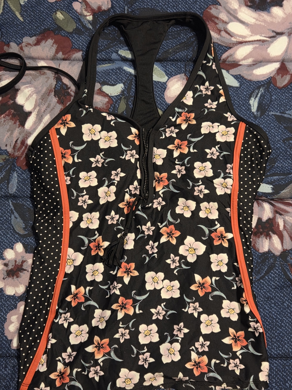 Beach House Black Floral Tankini with Orange Trim